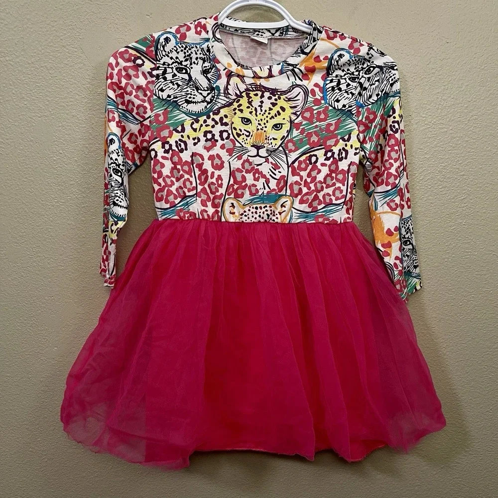 Girl's Leopard Tutu Dress Cat Face Graphic‎ Hot Pink Multi Long Sleeve Size 7